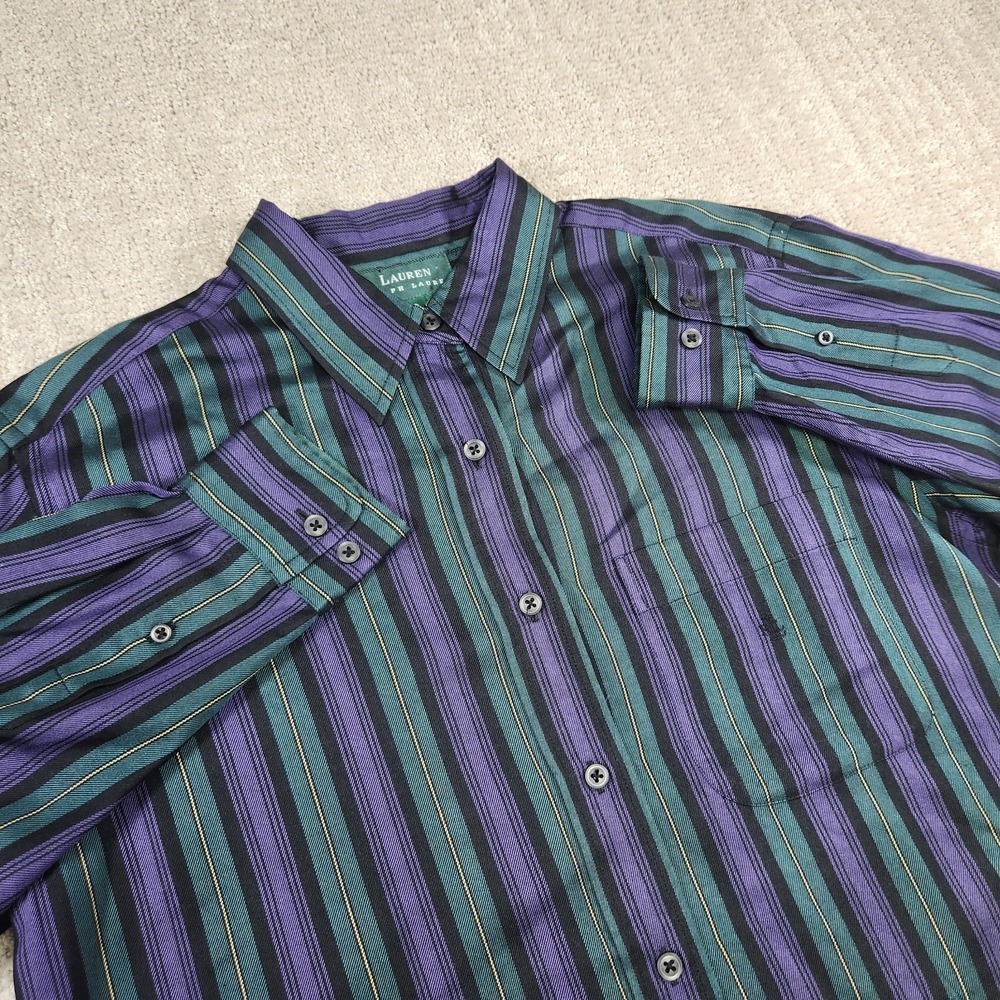 Ralph Lauren 100% Silk Shirt Women 6 Vertical Striped Button Up Green Purple
